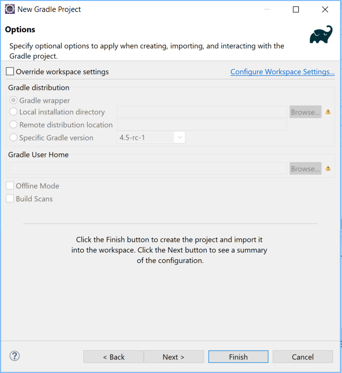Figure 2: You can specify your Gradle distribution and advanced options such as home directories, JVM options, and program arguments.