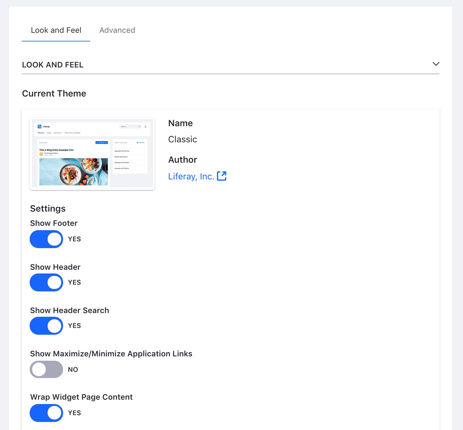 Figure 2: The Look and Feel interface allows you to choose a theme for the current site.