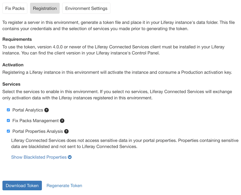 Figure 1: An environments Registration tab lets you manage the token file used to connect your server to the environment.