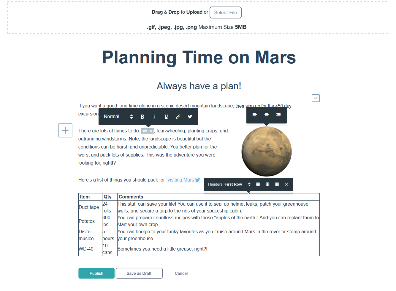 Figure 1: This screenshot highlights the blog entry editors controls for formatting text, justifying images, and editing tables.