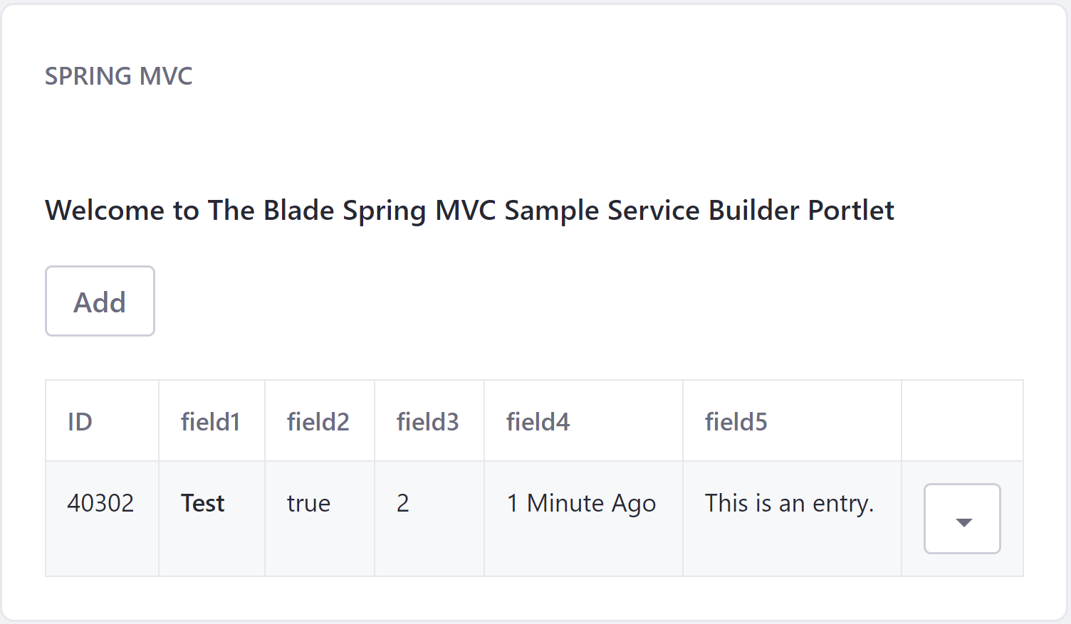 Figure 1: Click Add and fill out the sample fields to generate a custom entry in the portlets table.