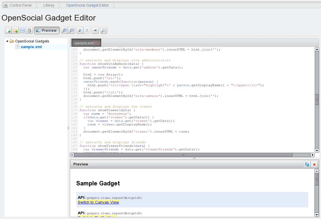Figure 1.8: Liferay Portals OpenSocial gadget editor lets you rapidly create
social applications that can be served across the web to any other OpenSocial
container.