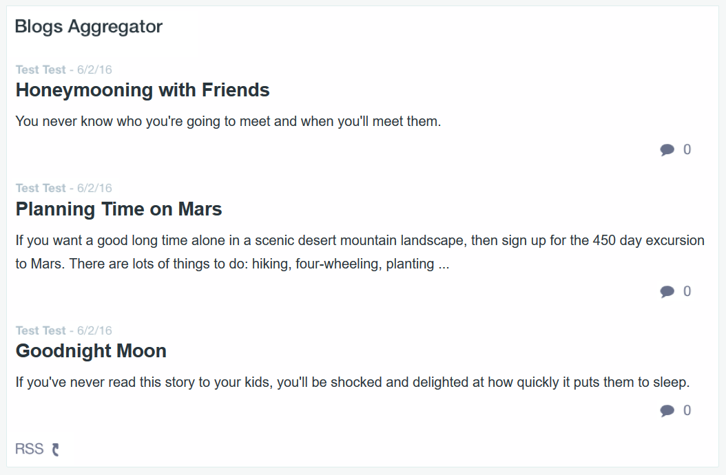 Figure 7: The Blogs Aggregator lets you display blog entries authored by multiple authors from different sites.