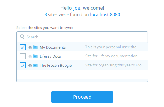 Figure 4: Select the Sites you want to sync with. Clicking a Sites gear icon opens another window where you can choose to sync with only specific subfolders in that Site.