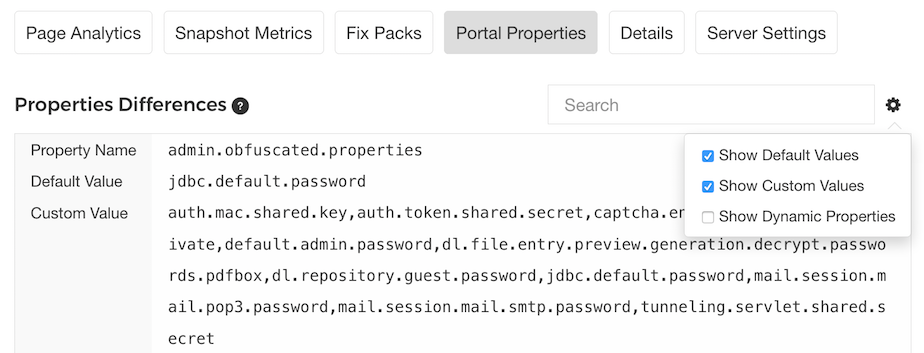 Figure 4.17: Click the gear icon to select the type of portal properties to show in the table.