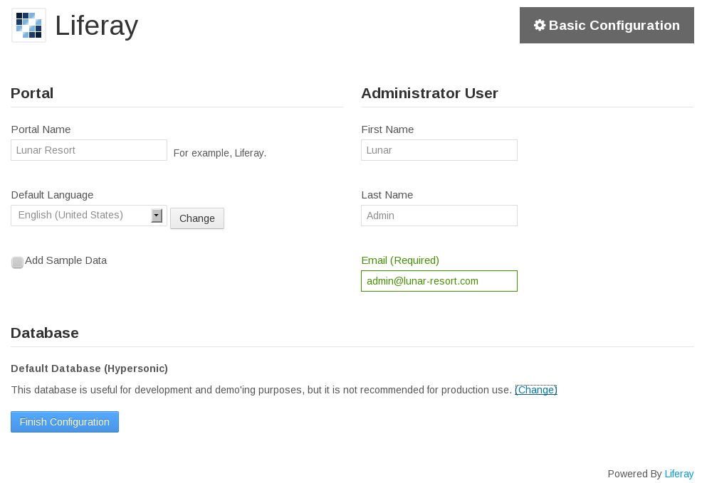 Figure 1.15: Supply the information for your site and your sites administrative account in the setup wizard.