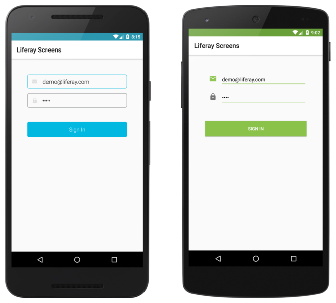 The Login Screenlet using the Default (left) and Material (right) Viewsets.