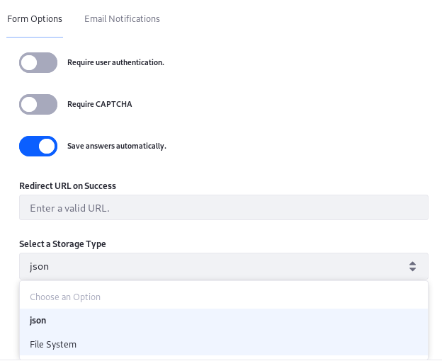 Figure 1: Choose a Storage Type for your form records.