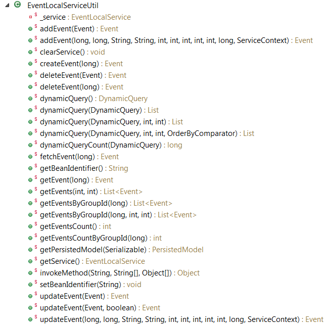 Figure 1: The EventListingPortlet class can access these methods of EventLocalServiceUtil, many of which are CRUD operations.