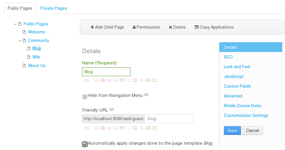 Figure 1.2: Liferays page hierarchies are easy to create, using a tree structure thats familiar to anyone who has used a file manager.