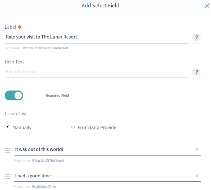 Figure 2: Fill out a select field with as many options as you need.