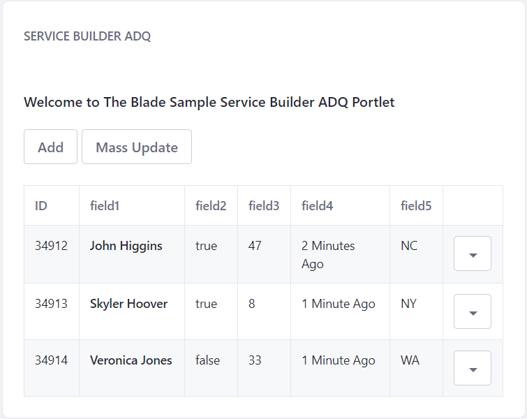 Figure 1: This sample provides options to add entities and perform a mass update.
