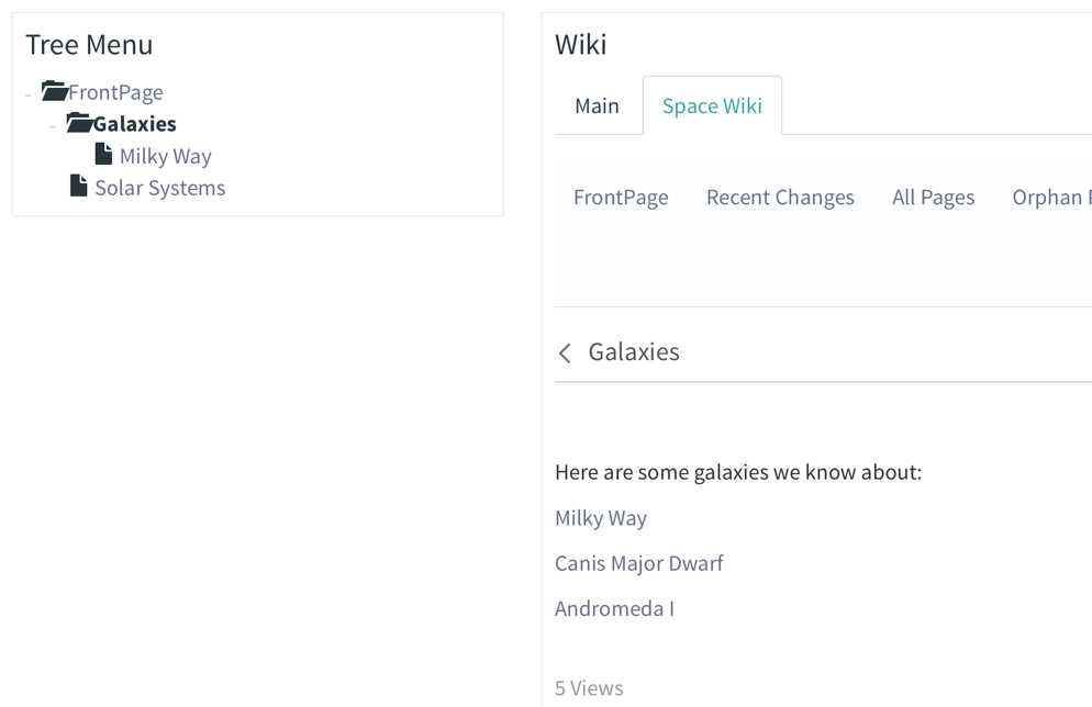 Figure 14: When you select a element in the Tree Menu application, the respective wiki page shows in your site pages Wiki application or Wiki Display.