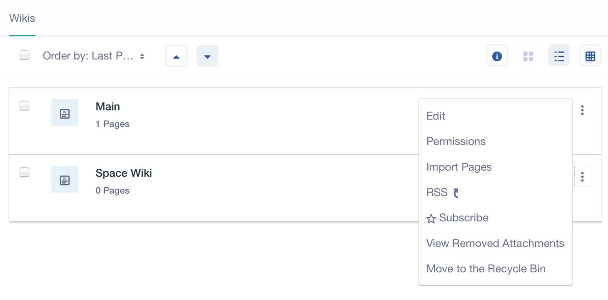 Figure 3: The Wiki application lists all of its wiki nodes. Each nodes options icon menu lists node configuration screens and node actions you can perform. 