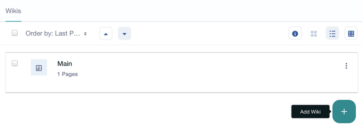 Figure 1: The Wiki application instance has a wiki node named Main with a single front page. You can build on the Main node or click the Add icon to create a new node.