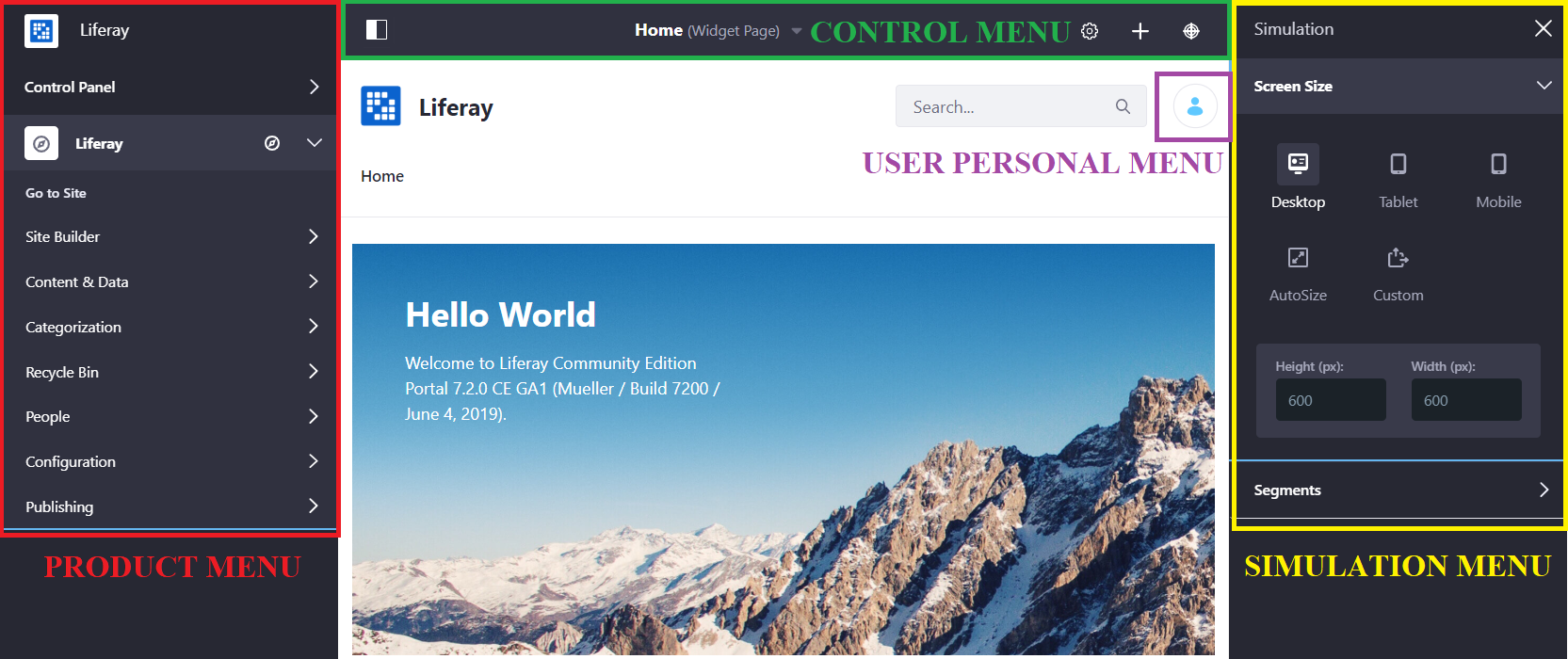 Figure 1: The main product navigation menus include the Product Menu, Control Menu, Simulation Menu and User Personal Menu.