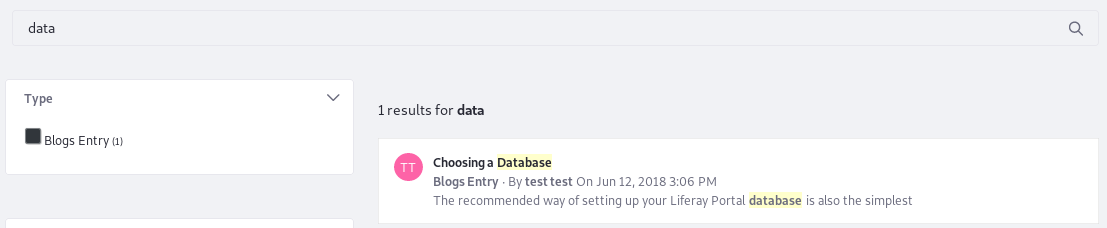 Figure 4: Searching for data also returns database.