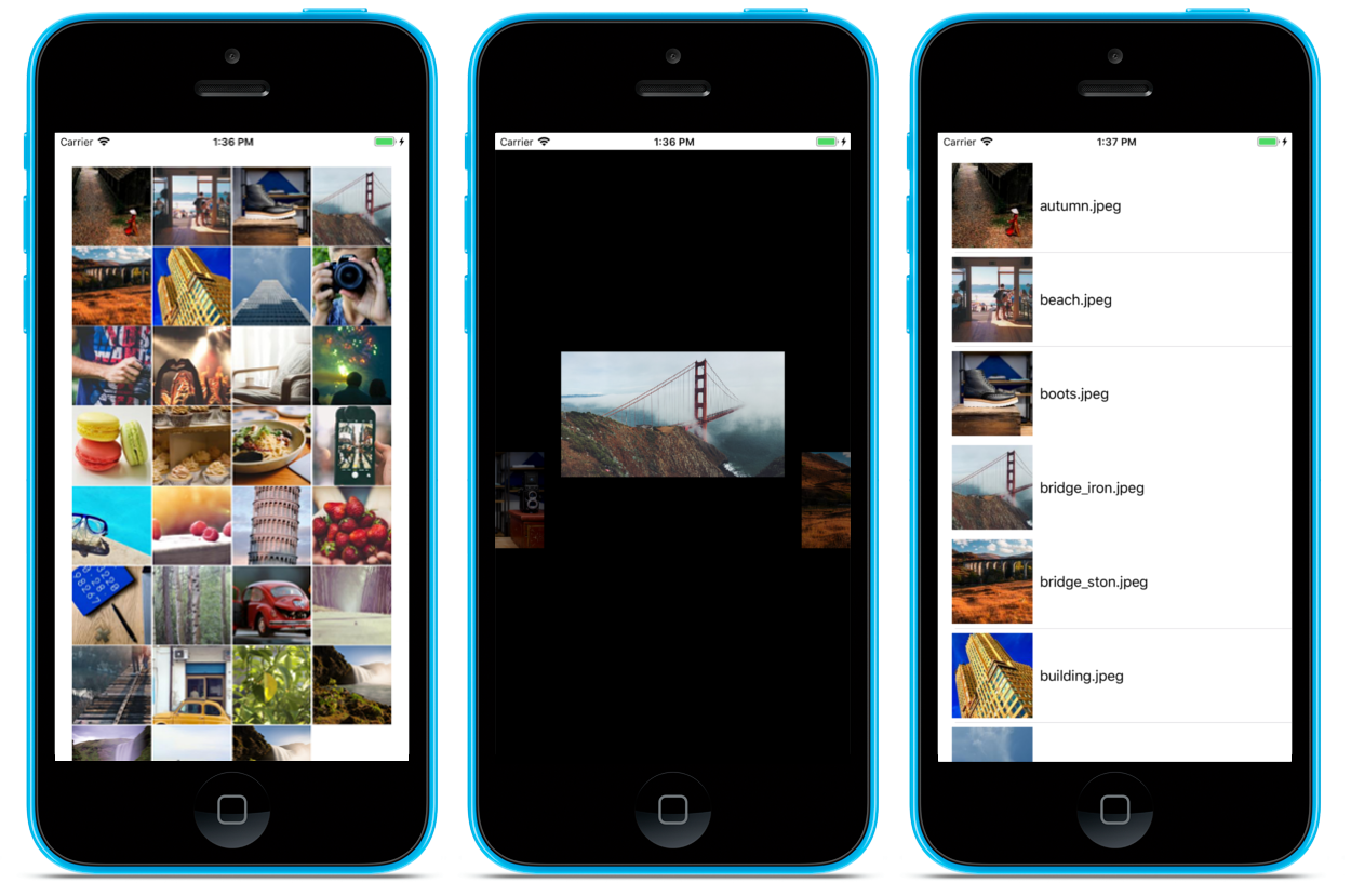 Figure 1: Image Gallery Screenlet using the Grid, Slideshow, and List Themes.