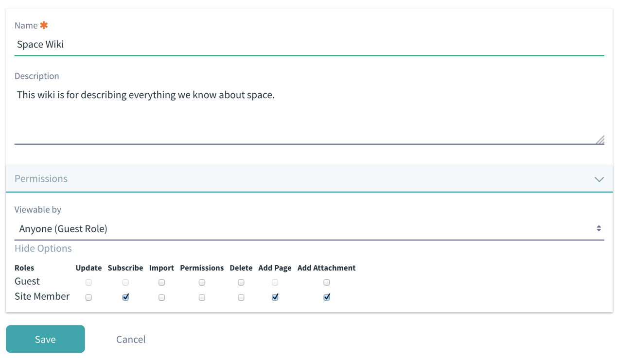 Figure 2: The New Wiki Node screen lets you describe your new node, set view permissions, and set permissions for Guest and Site Member roles.