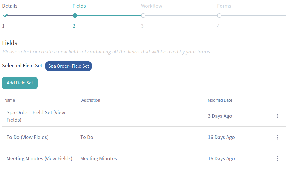 Figure 2: In the second step of the New Process Wizard, define and choose the fields for your form.