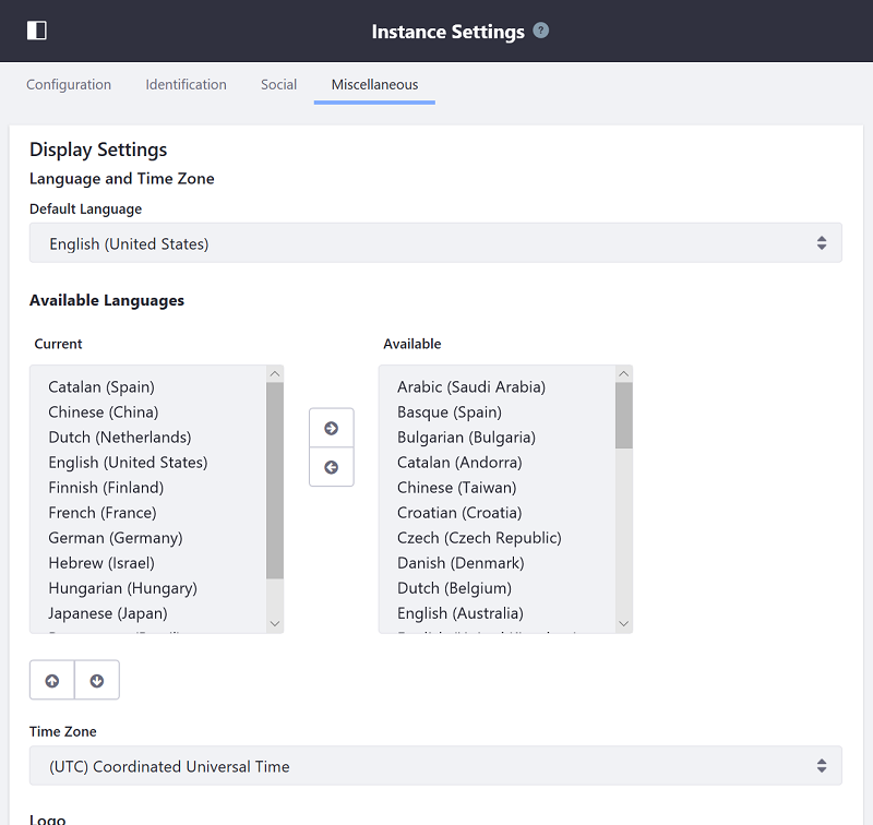 Figure 1: You can change the default and available languages and the time zone in Instance Settings.