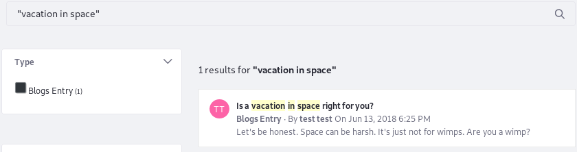 Figure 3: Search for exact phrase matches by enclosing search terms in quotes. If a user searched for space vacation, this result would not be returned.