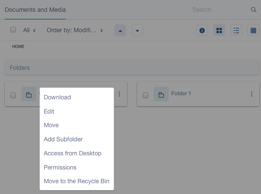 Figure 1: In Documents and Media, external repositories look similar to folders. You can perform supported operations on their files. This figure shows an Alfresco CMIS repository named My Alfresco.