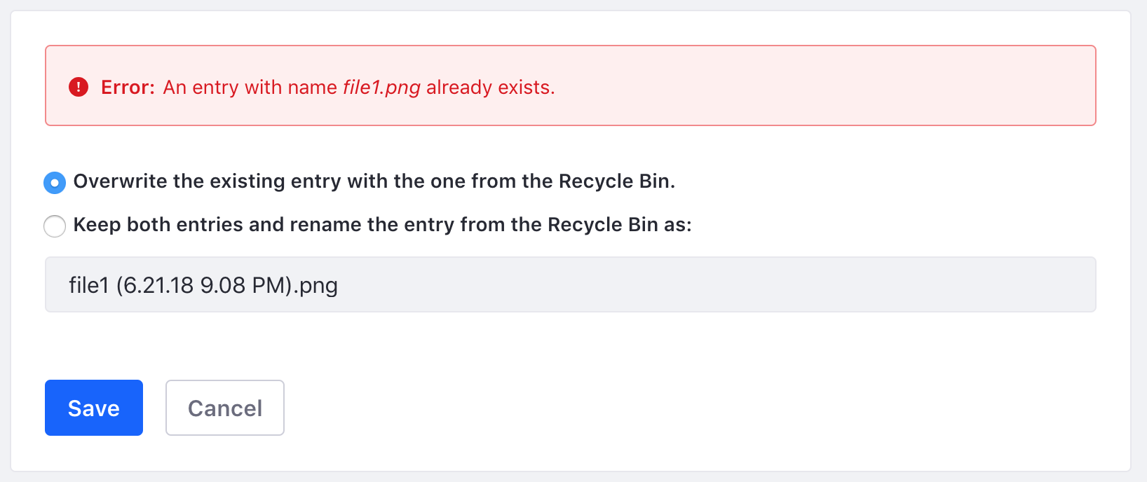 Figure 1: The Recycle Bin always scans your site/instance for duplicate file names during the restoration process.