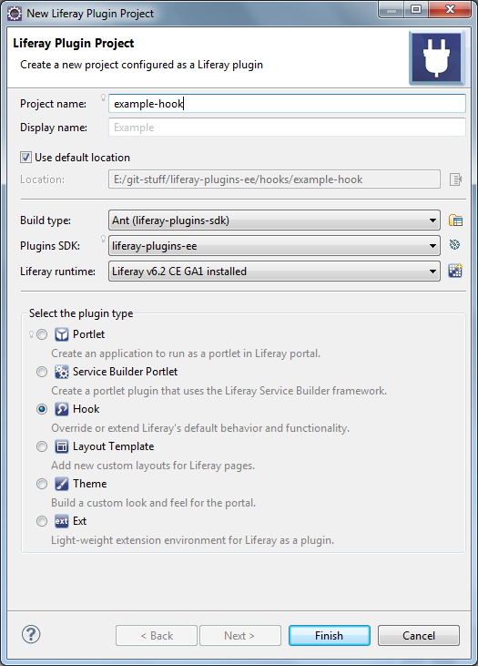 Figure 1: Creating a hook plugin is easy with Liferay IDE. Just click File → New → Liferay Plugin Project, enter a project name and display name, select a build type, Plugins SDK, and Liferay Runtime, select Hook, and then click Finish.