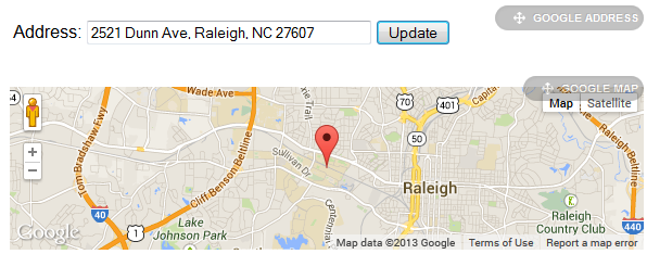 Figure 2: After inputting a custom address in the Google Address gadget, you are able to see its physical location in the Google Map gadget.