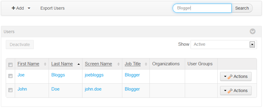 Figure 2: By extending the indexer post processor for a model entity, you can search for instances of that model based on the fields you add to the indexer post processor. In this example, you extended the User entitys search index to include Job Title so you could search for users by job title (e.g., Blogger).
