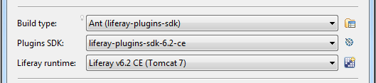 Figure 2: When you select Ant as the build type, you must also specify a Liferay Plugins SDK and Liferay runtime.