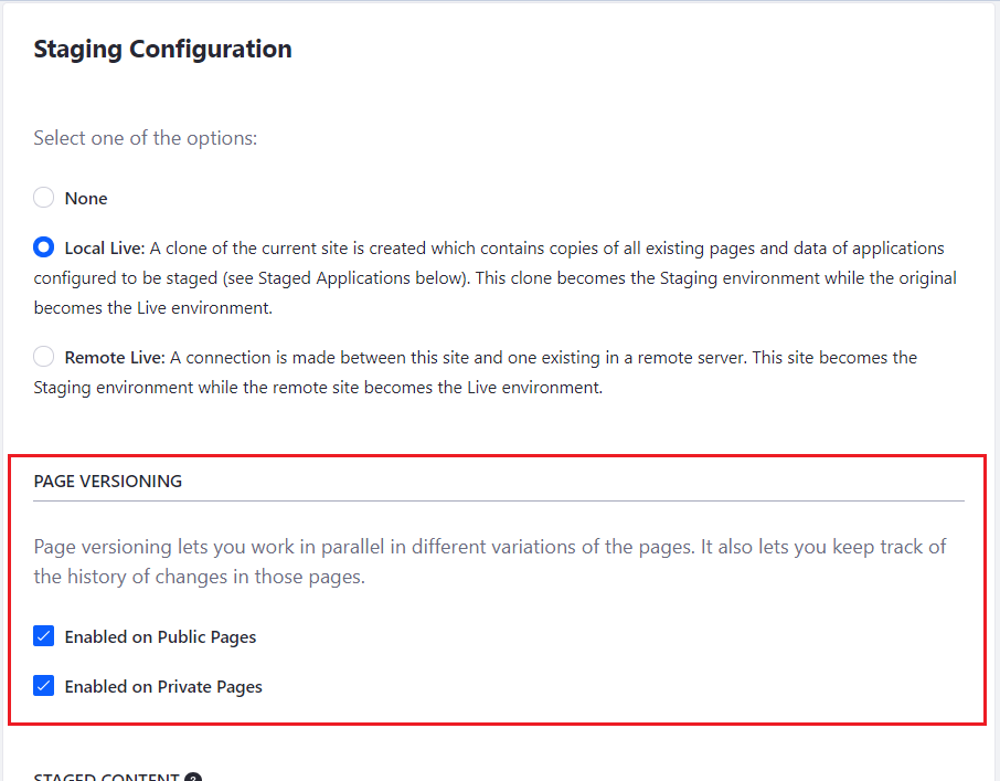 Figure 1: You can enable page versioning for public and/or private pages.