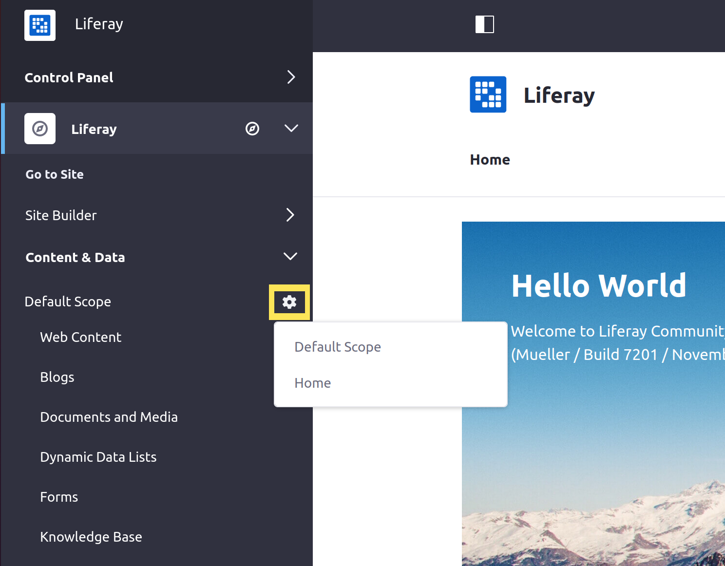 Figure 2: Use the drop-down menu under Content & Data to determine which scope to manage content for.