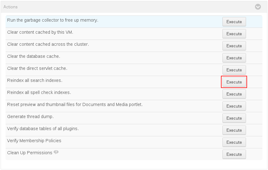 Figure 1: Click Execute to reindex the search indexes.