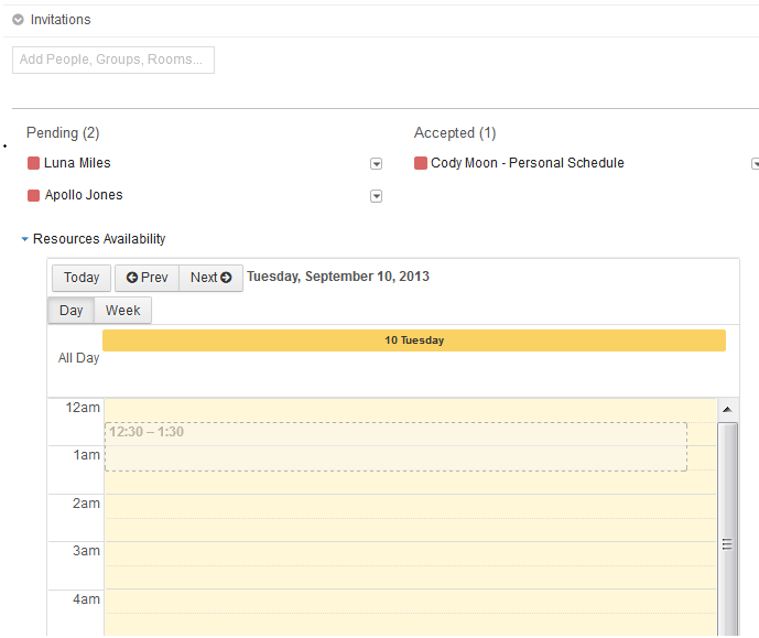Figure 9.13: You can invite users, organizations, or other calendar resources to your event and can check their availability in a calendar view.