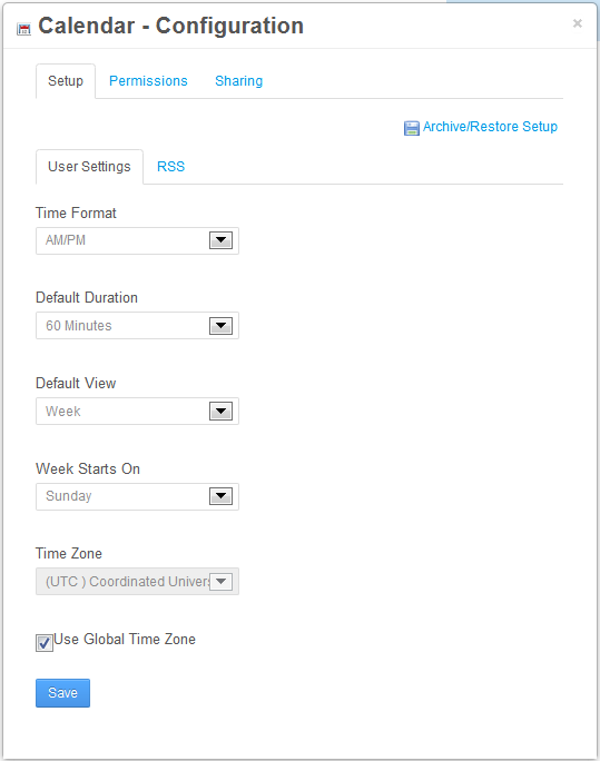 Figure 9.8: The Setup → User Settings tab provides several new configuration options that werent available from the old Calendar portlet.