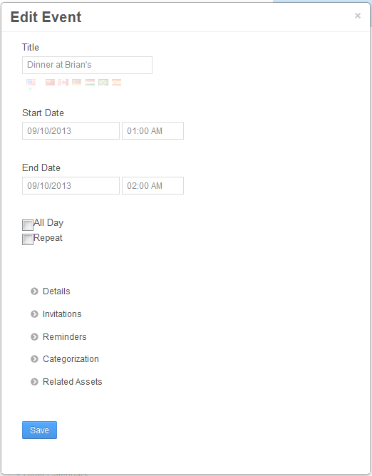 Figure 9.11: You can specify event details such as the event title, start date, end date, description, location, and more.