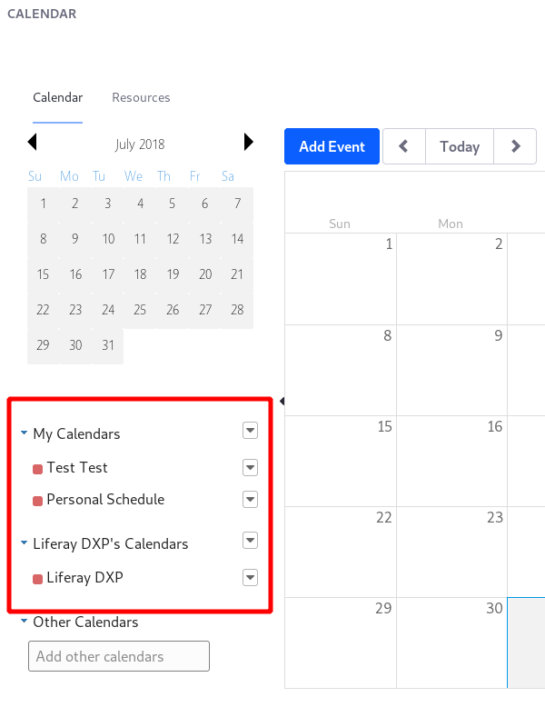 Figure 2: Personal and Site calendars are shown in the lower left. This image shows calendars belonging to User Test Test and Site Liferay DXP.