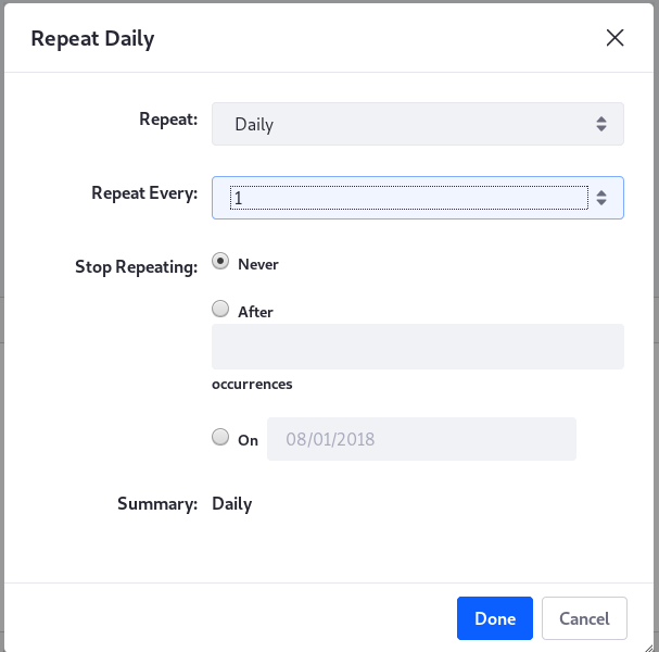 Figure 5: The Repeat box allows you to specify whether an events repeats daily, weekly, monthly, or yearly, how often it repeats, and when (or if) it ends.