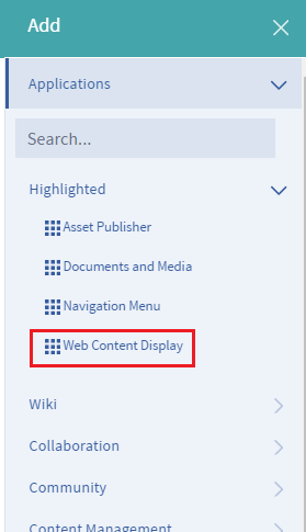 Figure 12: Add the Web Content Display app to a page to begin displaying your new web content article.