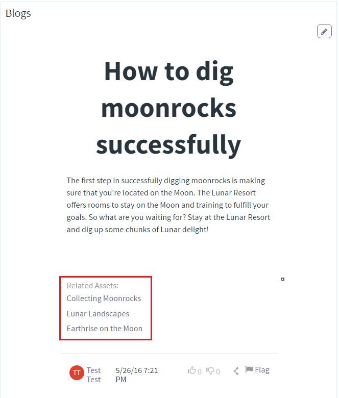 Figure 8: This blog entry has links to three Related Assets: one web content and two message board entries.