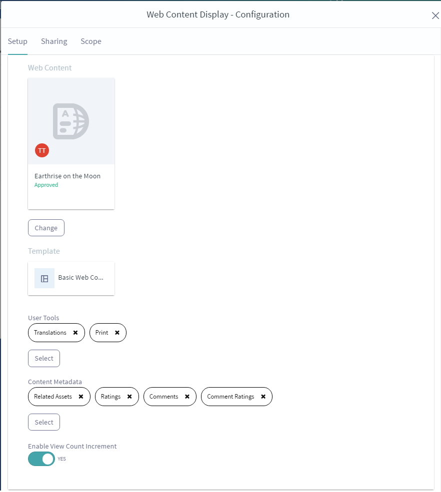 Figure 13: Publishing web content is a snap. At a minimum, you only have to select the content you wish to publish. You can also enable lots of optional features to let your users interact with your content.