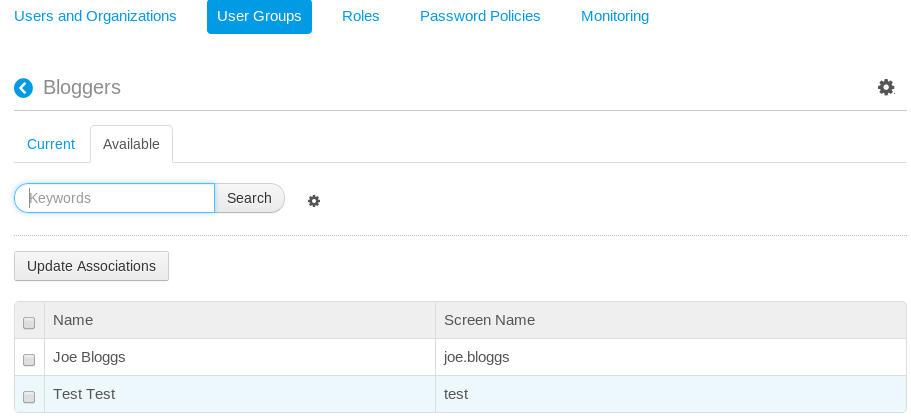 Figure 16.7: When assigning members to a user group, click on the Available tab to see a list of users able to be added to the user group.