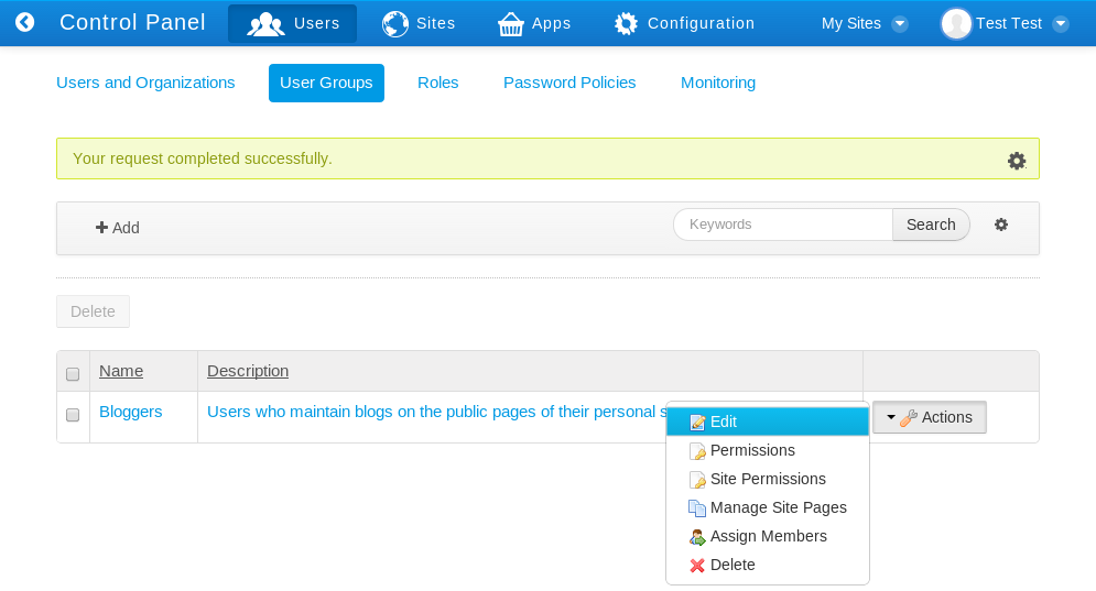 Figure 16.6: To edit the pages of a user group site, click Actions → Manage Site Pages next to the user group youd like to edit.