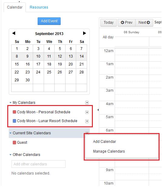 Figure 9.9: You have options to add or manage calendars. Also, you can toggle the colored boxes beside your calendars to show/hide your planned events.