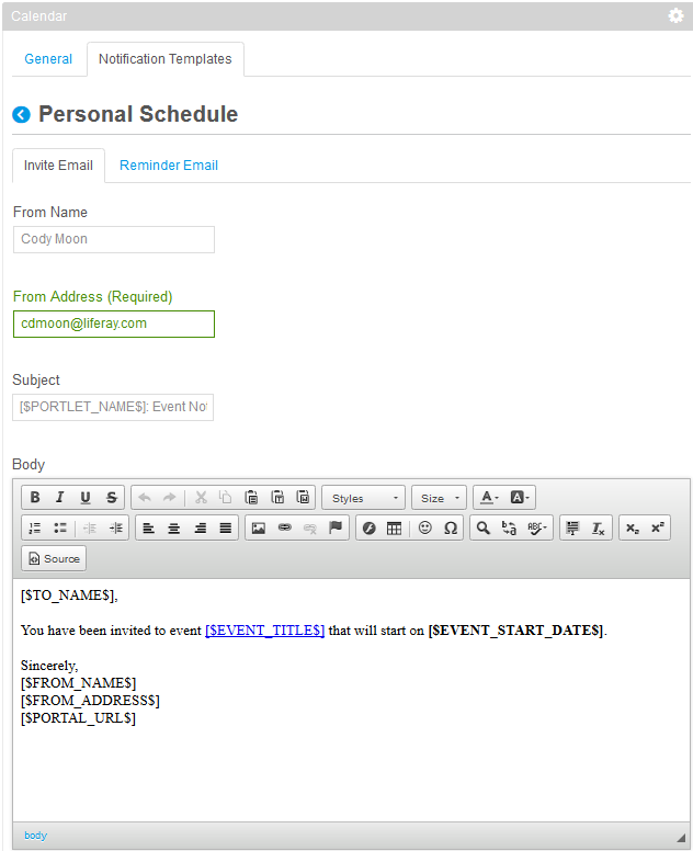Figure 9.14: The Calendar Settings → Notification Templates tab lets you customize the email templates for emails that are automatically sent out to remind users of upcoming events or invite users to new events.