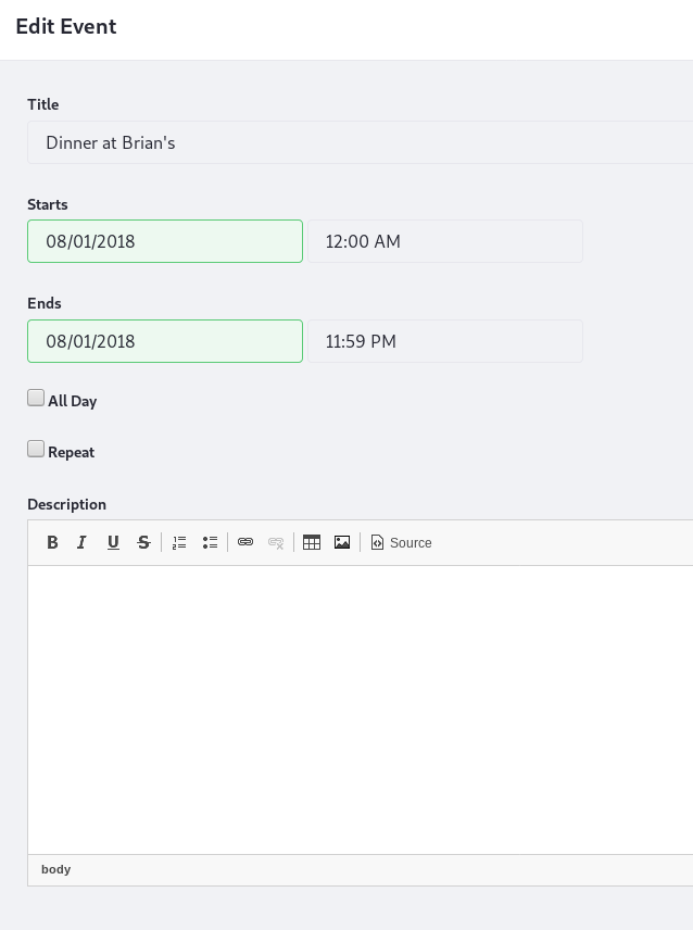 Figure 4: You can specify event details such as the event title, start date, end date, description, location, and more.