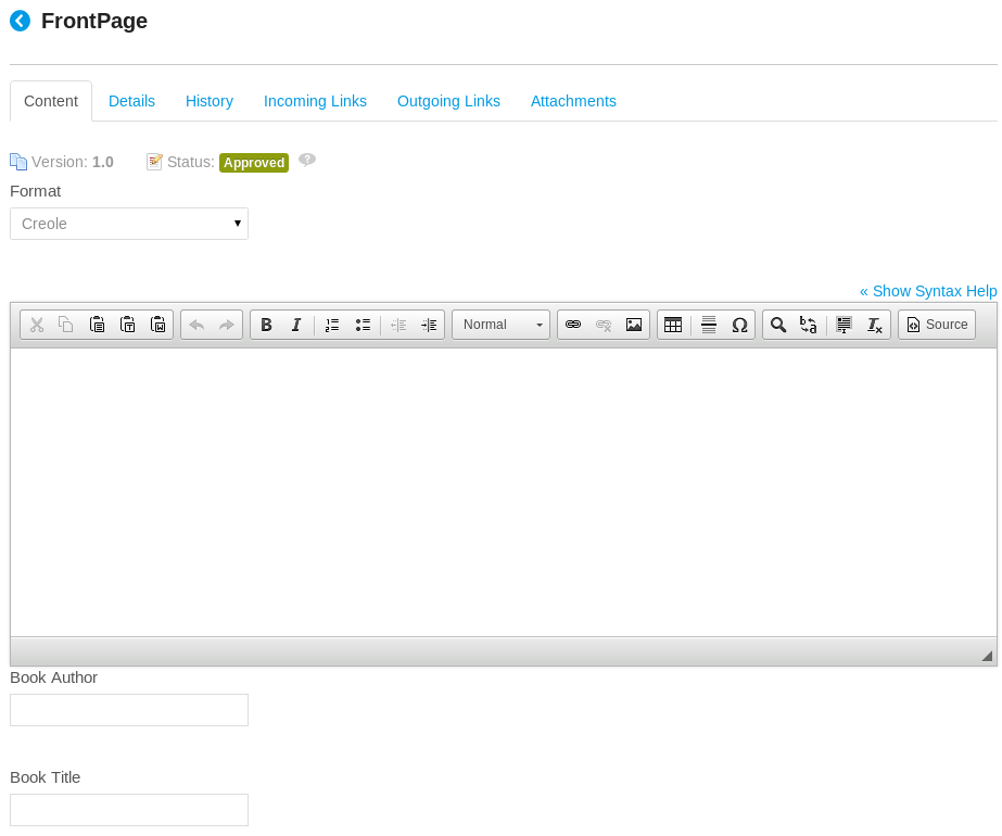 Figure 17.7: The book-author and book-title custom fields are integrated with the rest of the form for editing a Wiki page.