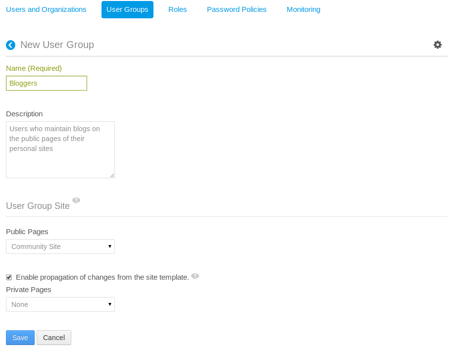 Figure 16.5: When creating a new user group, you can select a site template for the public or private pages of the user group site. If you dont select a site template at creation time, you can edit the user group later to add one.